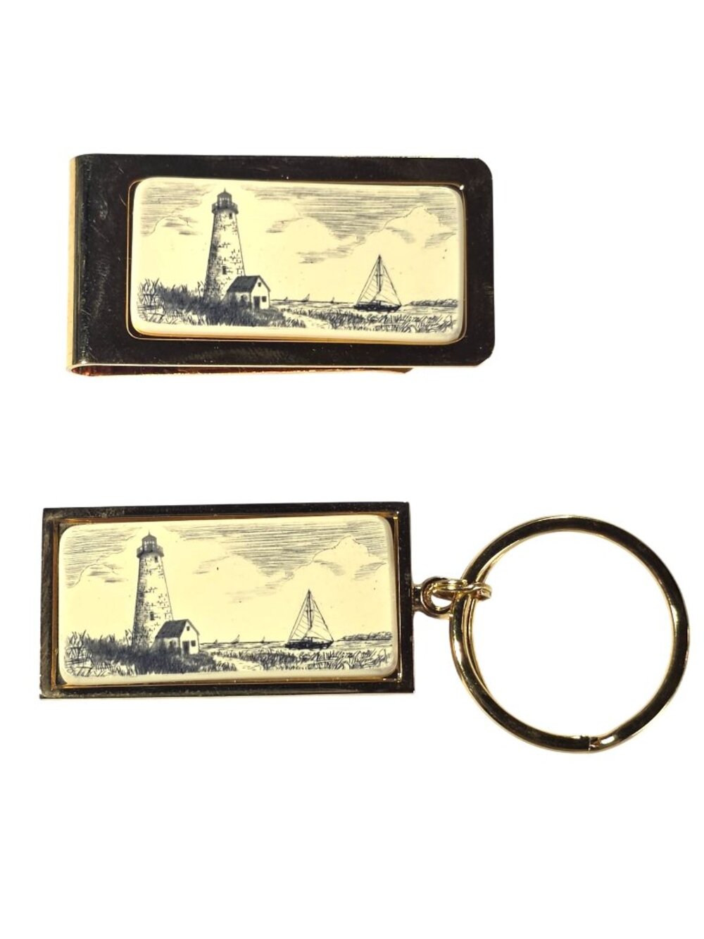 Barlow Gold-Tone Money Clip Keychain Set Lighthouse Sailboat Cream Nautical